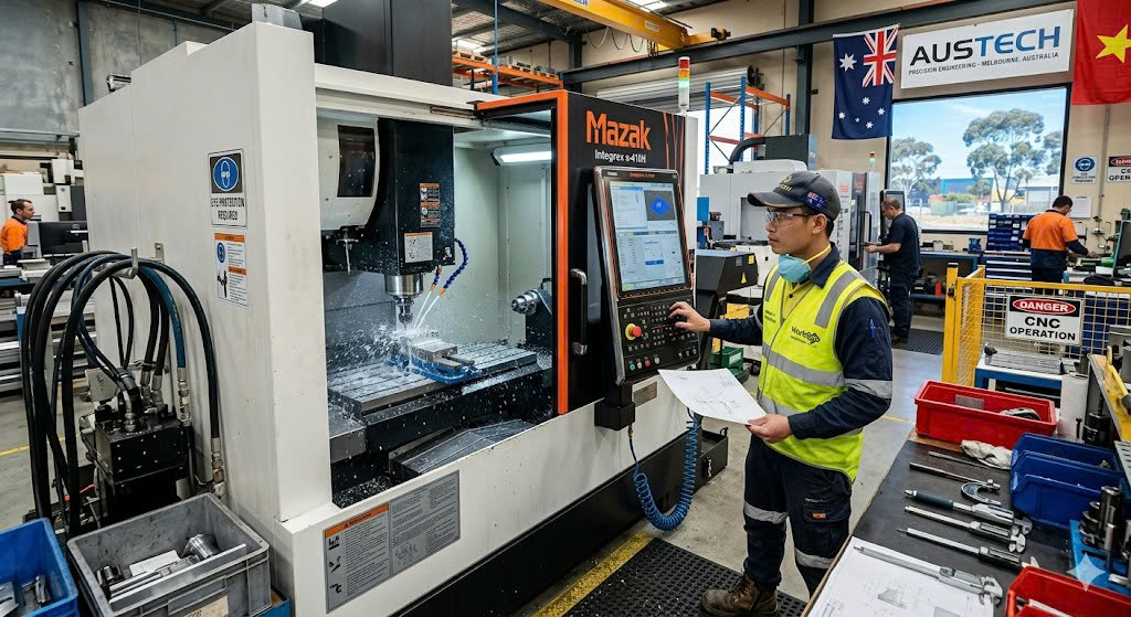 Kỹ thuật viên vận hành CNC đi Úc thực hiện gia công chi tiết và kiểm tra chất lượng sản phẩm tại xưởng sản xuất công nghiệp hiện đại